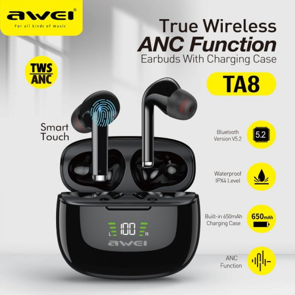 Awei TA8 Bluetooth 5.2 ANC Active Noise Reduction Wireless Bluetooth Earphone 