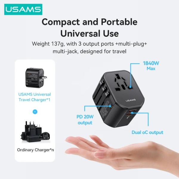 USAMS T59 Universal Travel Adapter 20W Dual USB Type-C 