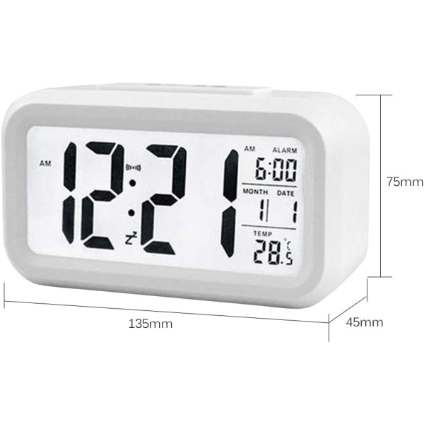 Digital LED Backlit Alarm Clock with Date and Temperature - White