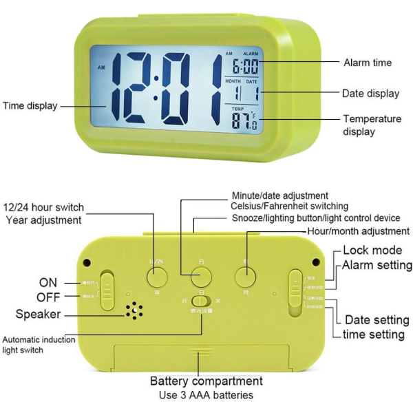 Digital LED Backlit Alarm Clock with Date and Temperature - Green