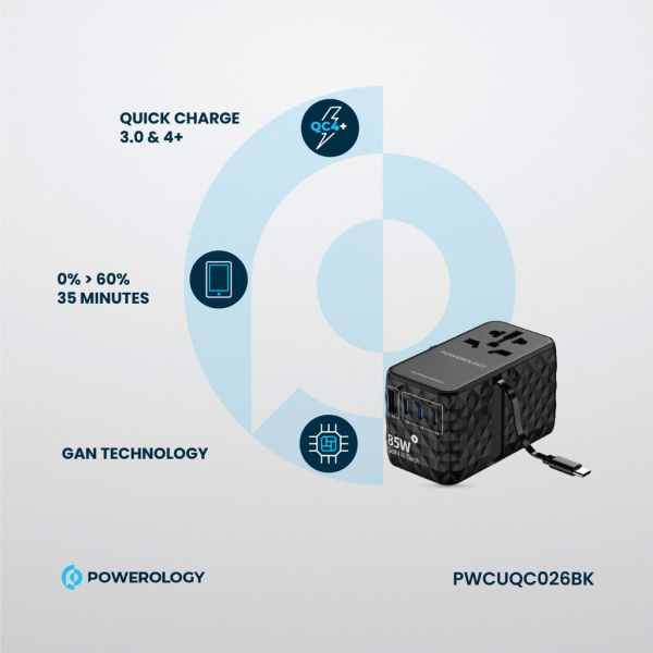 Powerology Universal GaN 85W Charger with Retractable Type-C Cable