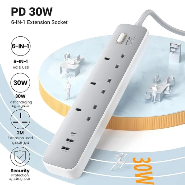 UGREEN 30W 3 AC Power Strip with Master Switch 