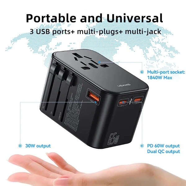 USAMS T62 Universal Travel Adapter 65W Dual USB Type-C 