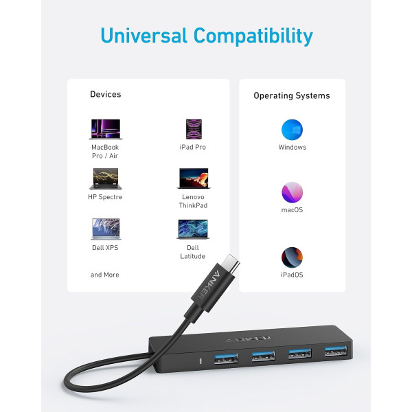 Anker USB-C to 4-Port USB 3.0 Hub with 5Gbps Data Transfer