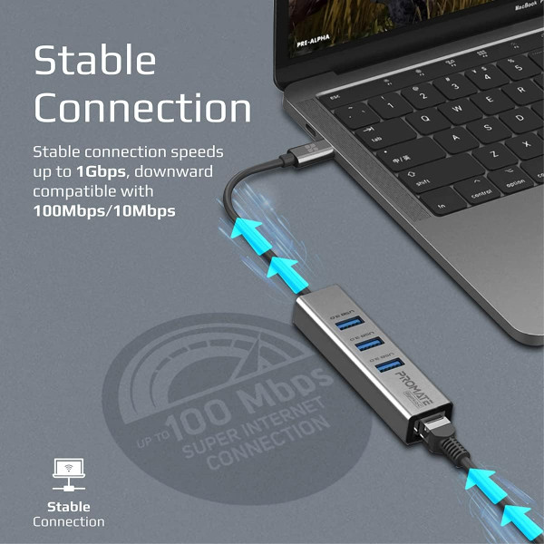 Promate GigaHub-C USB-C Hub with Ethernet & 3 USB 3.0 Ports