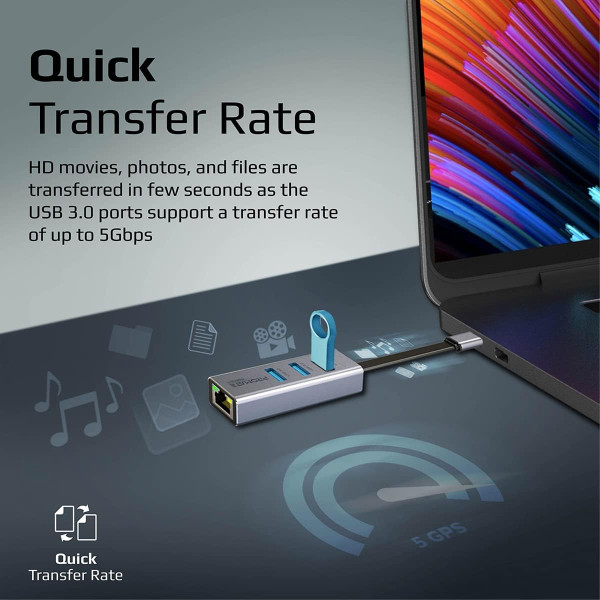 Promate GigaHub-C USB-C Hub with Ethernet & 3 USB 3.0 Ports