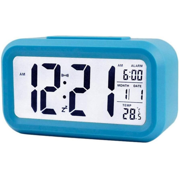 Digital LED Backlit Alarm Clock with Date and Temperature - Blue