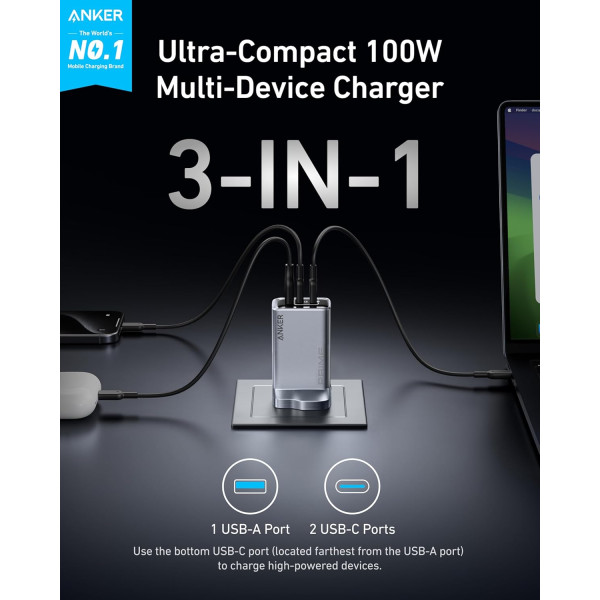 Anker Prime 100W 3-Port Foldable GaN Wall Charger 