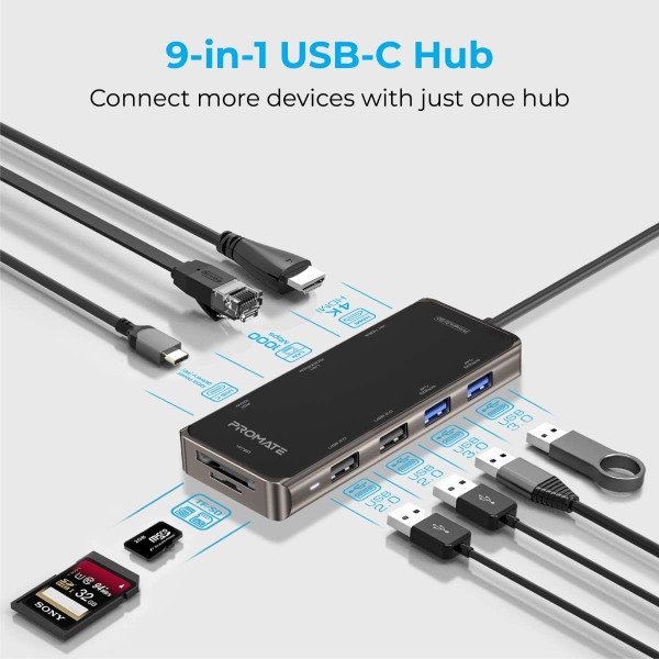 Promate PrimeHub-Go 9-In-1 USB-C Hub with 100W PD