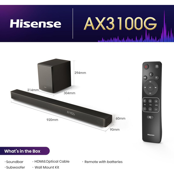 Hisense AX3100G 3.1.2CH 280W Soundbar with Dolby Atmos