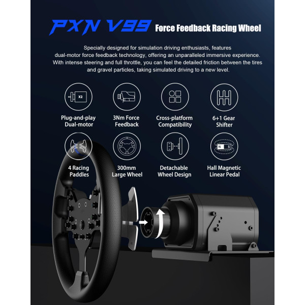 PXN V99 Gaming Steering Wheel with Pedals and Shifter