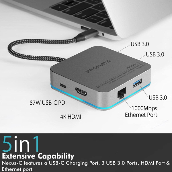 Promate Nexus-C 6-in-1 USB-C Docking Station with 87W Power Delivery