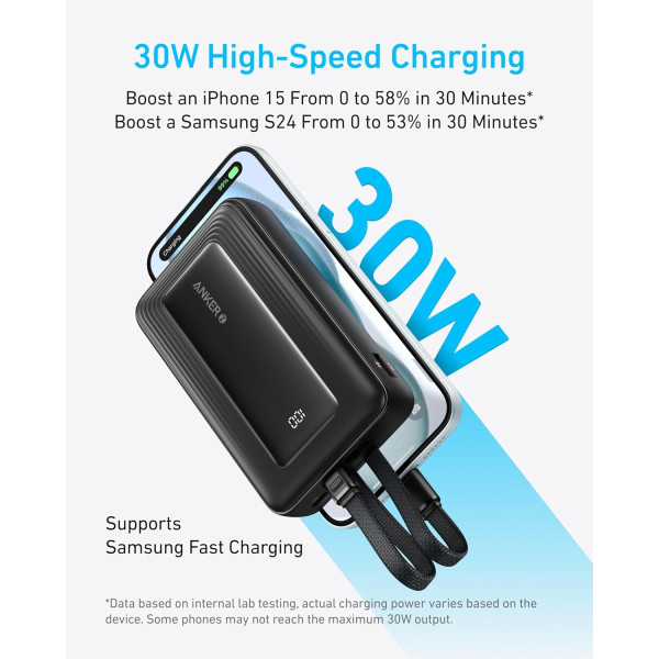 Anker Zolo Power Bank 20000mAh 30W with Built-in USB-C & Lightning Cables