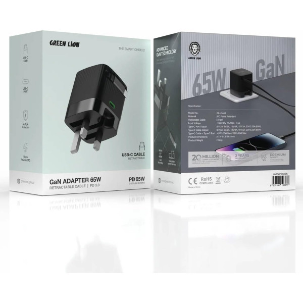 Green Lion GaN Adapter 65W with Retractable 70cm Cable