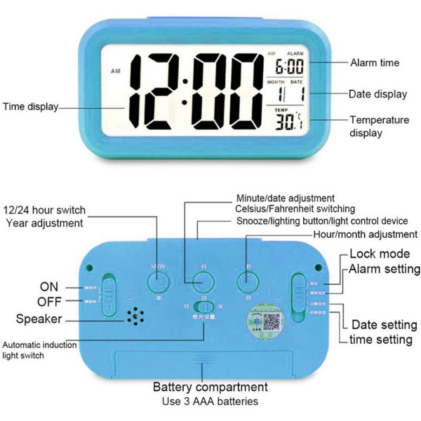 Digital LED Backlit Alarm Clock with Date and Temperature - Green