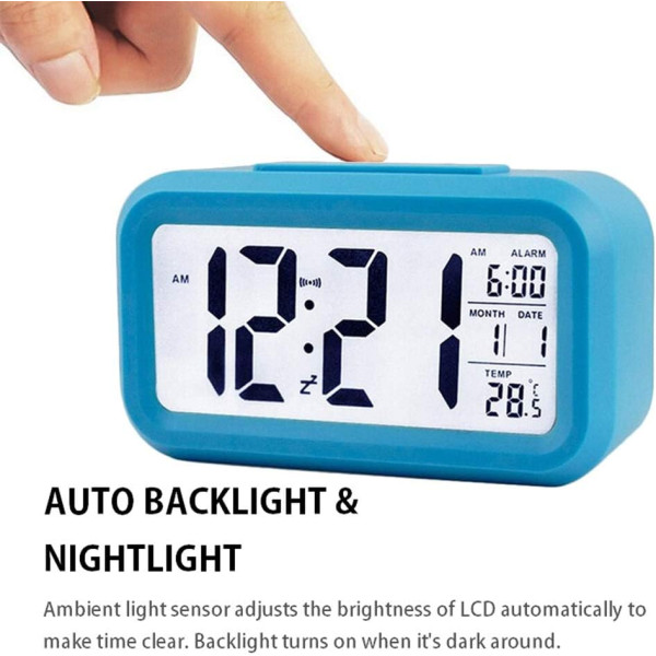 Digital LED Backlit Alarm Clock with Date and Temperature - Blue