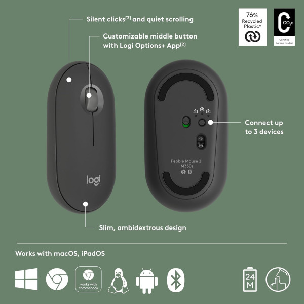 Logitech Pebble Mouse 2 M350s Slim Bluetooth Mouse