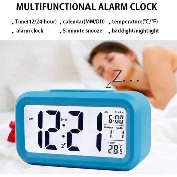 Digital LED Backlit Alarm Clock with Date and Temperature - Blue