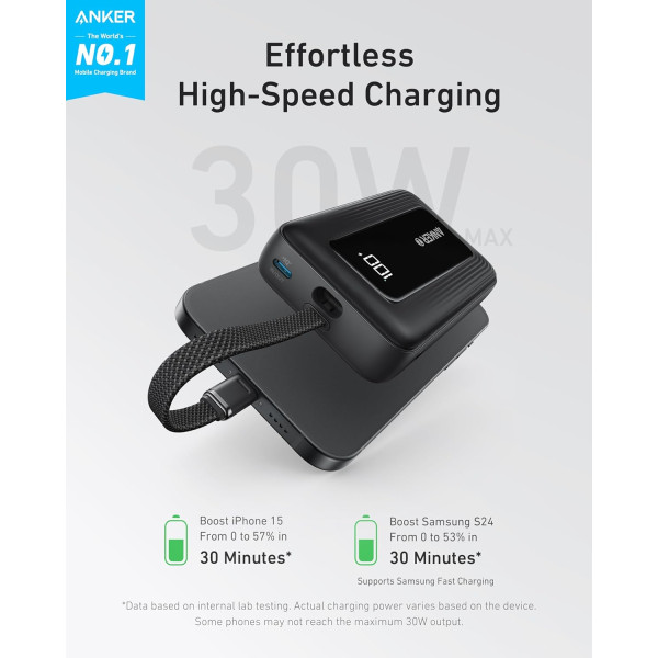 Anker Zolo Power Bank 10000mAh 30W with Built-In USB-C Cable