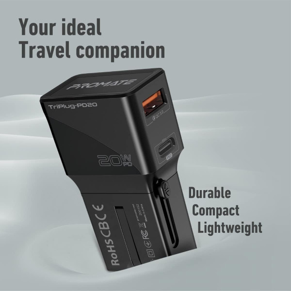 Promate TriPlug-PD20 Compact Universal Travel Adapter 20W