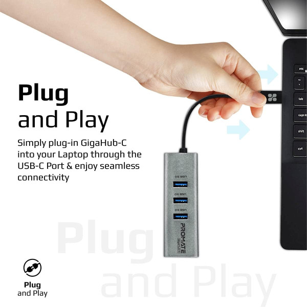 Promate GigaHub-C USB-C Hub with Ethernet & 3 USB 3.0 Ports