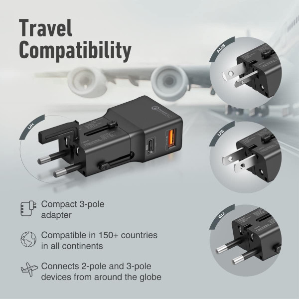 Promate TriPlug-PD20 Compact Universal Travel Adapter 20W