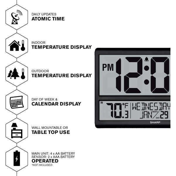 Sharp Atomic Digital Wall Clock with Large Display